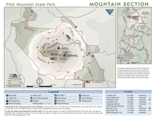 Trails Map of the Mountain Section of Pilot Mountain State Park (SP) in North Carolina. Published by North Carolina State Parks.