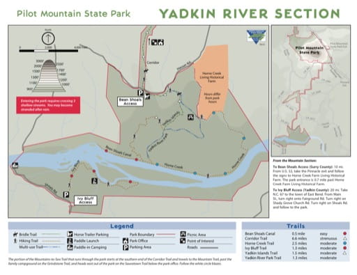 Trails Map of the Yadkin River Section of Pilot Mountain State Park (SP) in North Carolina. Published by North Carolina State Parks.