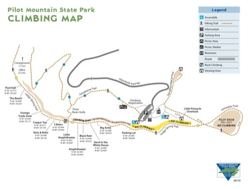 Climbing Map of Pilot Mountain State Park (SP) in North Carolina. Published by North Carolina State Parks.