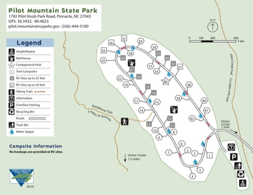 Campground Map of Pilot Mountain State Park (SP) in North Carolina. Published by North Carolina State Parks.