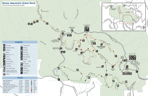 Recreation Map of Stone Mountain State Park (SP) in North Carolina. Published by North Carolina State Parks.