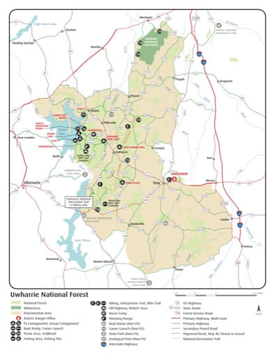 Recreation Map of Uwharrie National Forest (NF) in North Carolina. Published by the U.S. Forest Service (USFS).