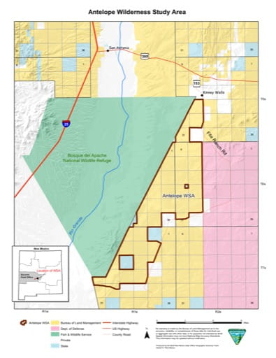 Visitor Map of Antelope Wilderness Study Area (WSA) in New Mexico. Published by the Bureau of Land Management (BLM).