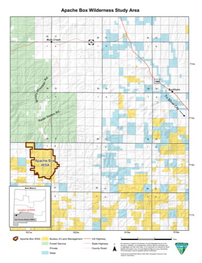 Visitor Map of Apache Box Wilderness Study Area (WSA) in New Mexico. Published by the Bureau of Land Management (BLM).