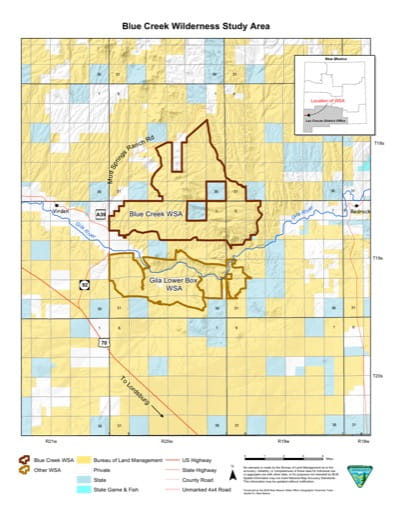 Visitor Map of Blue Creek Wilderness in New Mexico. Published by the Bureau of Land Management (BLM).