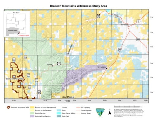 Visitor Map of Brokeoff Mountains Wilderness Study Area (WSA) in New Mexico. Published by the Bureau of Land Management (BLM).