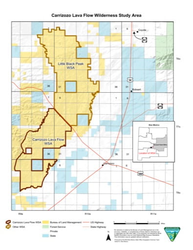 Visitor Map of Carrizozo Lava Flow Wilderness Study Area in New Mexico. Published by the Bureau of Land Management (BLM).