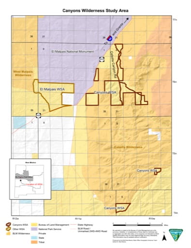 Map of Canyons Wilderness Study Area (WSA) in New Mexico. Published by the Bureau of Land Management (BLM).
