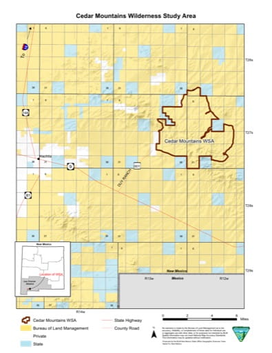 Visitor Map of Cedar Mountains Wilderness Study Area (WSA) in New Mexico. Published by the Bureau of Land Management (BLM).
