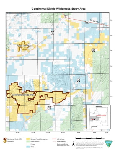 Visitor Map of Continental Divide Wilderness Study Area (WSA) in New Mexico. Published by the Bureau of Land Management (BLM).