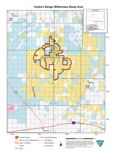 Visitor Map of Cooke's Range Wilderness Study Area (WSA) in New Mexico. Published by the Bureau of Land Management (BLM).