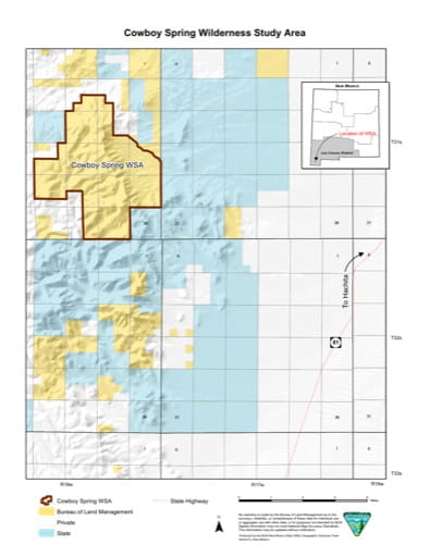 Visitor Map of Cowboy Spring Wilderness Study Area (WSA) in New Mexico. Published by the Bureau of Land Management (BLM).