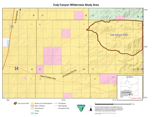 Visitor Map of Culp Canyon Wilderness Study Area (WSA) in New Mexico. Published by the Bureau of Land Management (BLM).