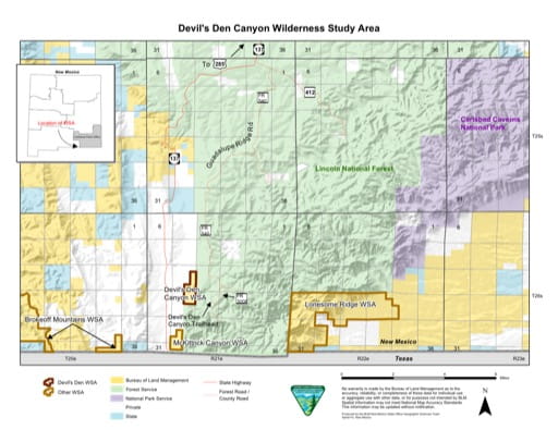 Visitor Map of Devil's Den Canyon Wilderness Study Area (WSA) in New Mexico. Published by the Bureau of Land Management (BLM).