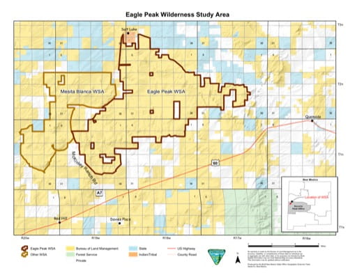 Visitor Map of Eagle Peak Canyon Wilderness Study Area (WSA) in New Mexico. Published by the Bureau of Land Management (BLM).