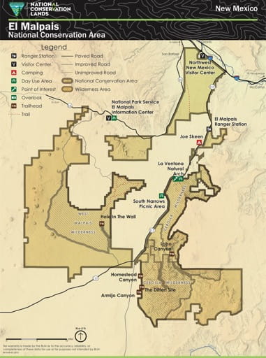 Visitor Map of El Malpais National Conservation Area (NCA) in New Mexico. Published by the Bureau of Land Management (BLM).