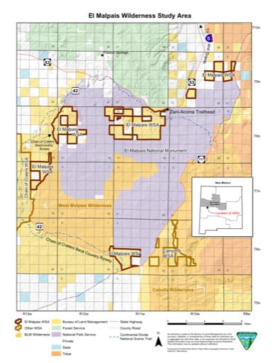 Map of El Malpais Wilderness Study Area (WSA) in New Mexico. Published by the Bureau of Land Management (BLM).