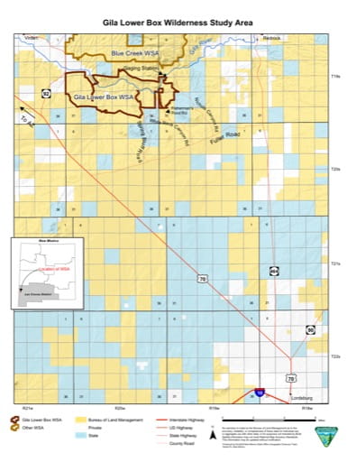 Visitor Map of Gila Lower Box Wilderness Study Area (WSA) in New Mexico. Published by the Bureau of Land Management (BLM).