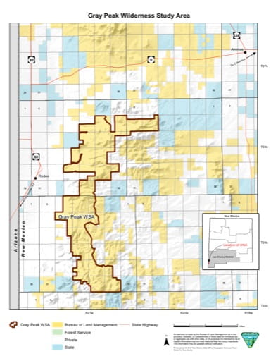 Visitor Map of Gray Peak Wilderness Study Area (WSA) in New Mexico. Published by the Bureau of Land Management (BLM).