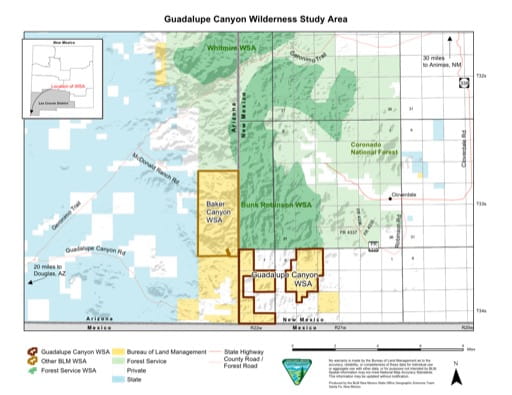 Visitor Map of Guadalupe Canyon Wilderness Study Area (WSA) in New Mexico. Published by the Bureau of Land Management (BLM).