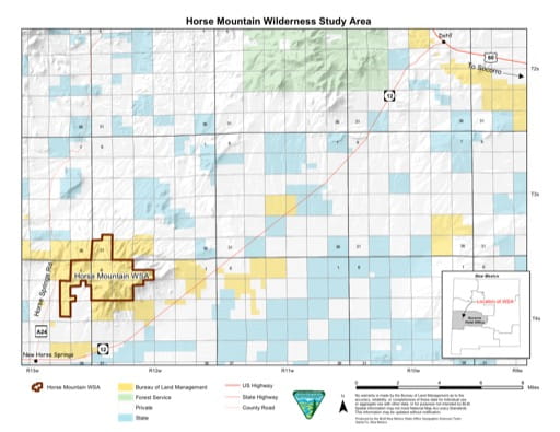 Visitor Map of Horse Mountain Wilderness Study Area (WSA) in New Mexico. Published by the Bureau of Land Management (BLM).