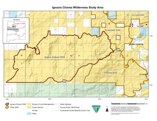 Visitor Map of Ignacio Chavez Wilderness Study Area (WSA) in New Mexico. Published by the Bureau of Land Management (BLM).