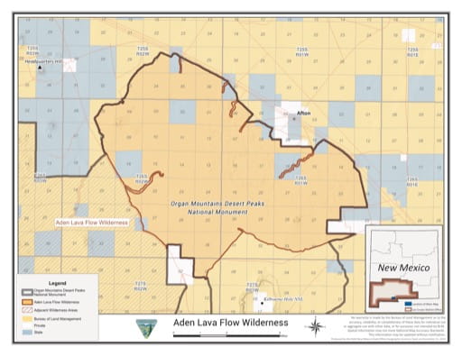 Visitor Map of Aden Lava Flow Wilderness in the BLM Las Cruces District in New Mexico. Published by the Bureau of Land Management (BLM).