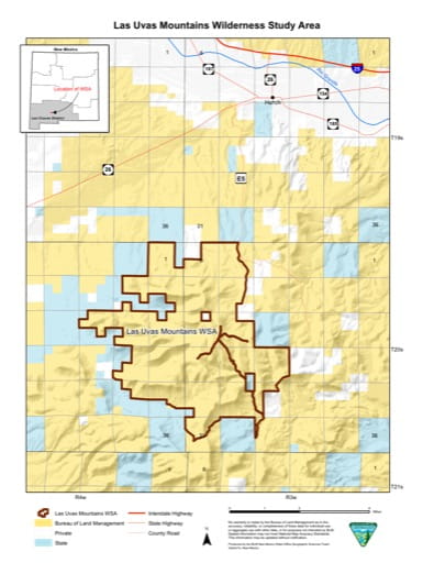 Visitor Map of Las Uvas Mountains Wilderness Study Area (WSA) in New Mexico. Published by the Bureau of Land Management (BLM).
