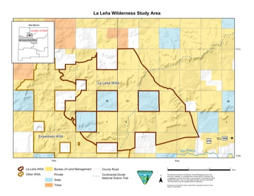 Visitor Map of La Leña Wilderness Study Area (WSA) in New Mexico. Published by the Bureau of Land Management (BLM).
