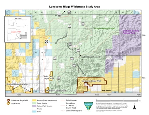 Visitor Map of Lonesome Ridge Wilderness Study Area (WSA) in New Mexico. Published by the Bureau of Land Management (BLM).