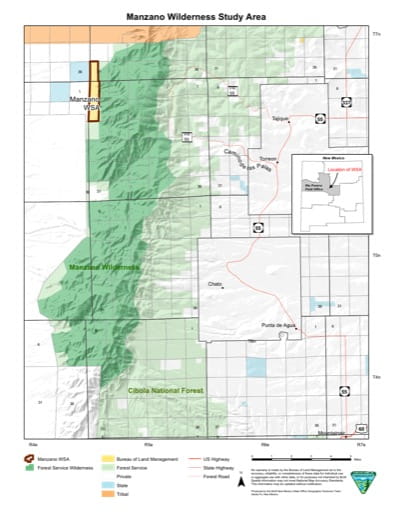 Visitor Map of Manzano Wilderness Study Area (WSA) in New Mexico. Published by the Bureau of Land Management (BLM).