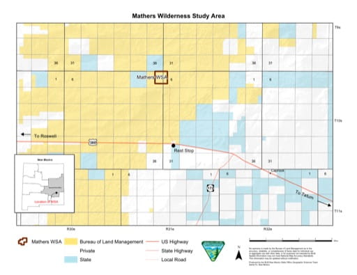 Visitor Map of Mathers Wilderness Study Area (WSA) in New Mexico. Published by the Bureau of Land Management (BLM).