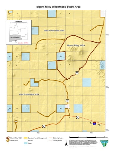 Visitor Map of Mount Riley Wilderness Study Area (WSA) in New Mexico. Published by the Bureau of Land Management (BLM).