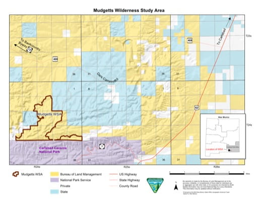 Visitor Map of Mudgetts Wilderness Study Area (WSA) in New Mexico. Published by the Bureau of Land Management (BLM).