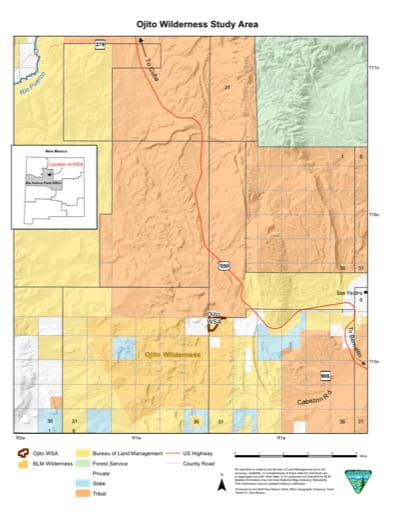 Visitor Map of Ojito Wilderness Study Area (WSA) in New Mexico. Published by the Bureau of Land Management (BLM).