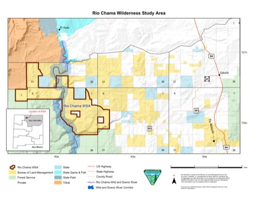 Visitor Map of Rio Chama Wilderness Study Area (WSA) in New Mexico. Published by the Bureau of Land Management (BLM).