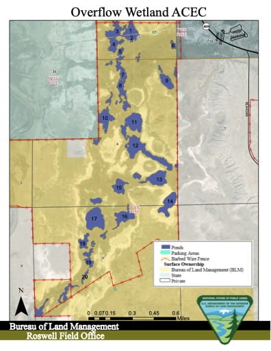 Visitor Map of Overflow Wetland Area of Critical Environmental Concern (ACEC) in the BLM Rosewell Field Office area in New Mexico. Published by the Bureau of Land Management (BLM).