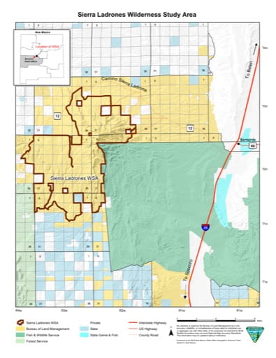 Visitor Map of Sierra Ladrones Wilderness Study Area (WSA) in New Mexico. Published by the Bureau of Land Management (BLM).