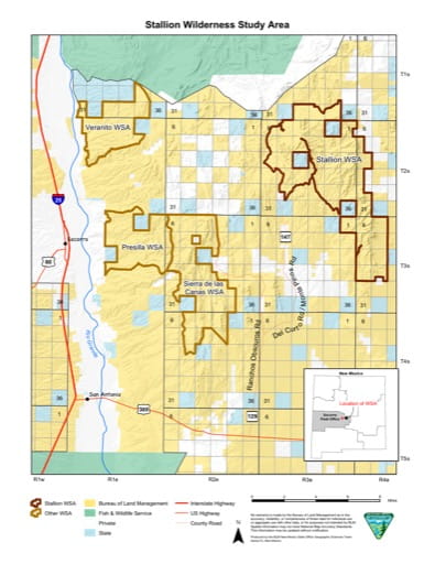 Visitor Map of Stallion Wilderness Study Area (WSA) in New Mexico. Published by the Bureau of Land Management (BLM).