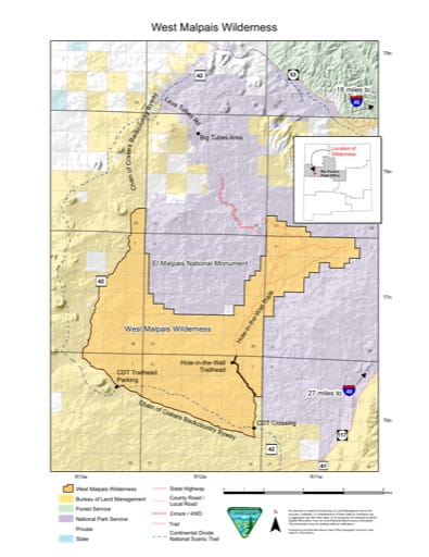 Map of West Malpais Wilderness in New Mexico. Published by the Bureau of Land Management (BLM).