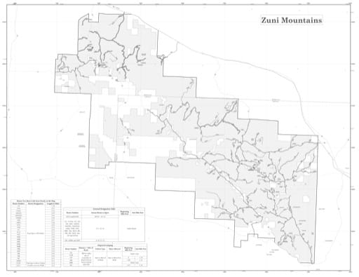 Motor Vehicle Use Map (MVUM) of the Zuni Mountains in the Mount Taylor Ranger District (RD) of Cibola National Forest (NF) in New Mexico. Published by the U.S. Forest Service (USFS).