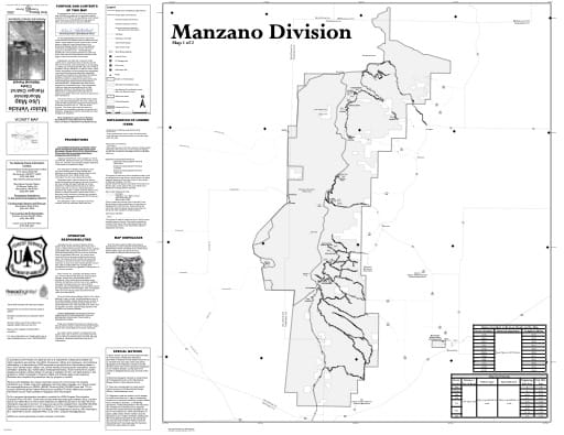 Motor Vehicle Use Map (MVUM) of the Manzano Division of the Mountainair Ranger District (RD) of Cibola National Forest (NF) in New Mexico. Published by the U.S. Forest Service (USFS).