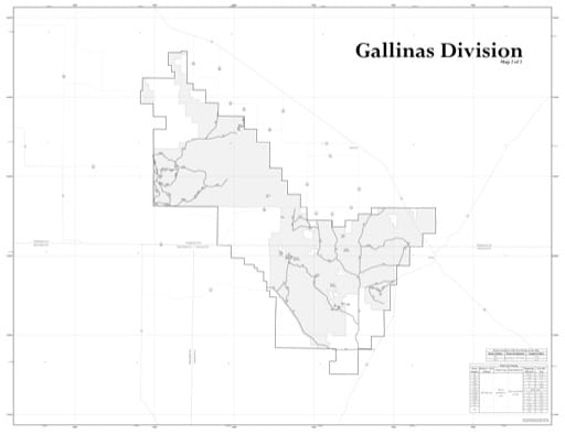Motor Vehicle Use Map (MVUM) of the Gallinas Division of the Mountainair Ranger District (RD) of Cibola National Forest (NF) in New Mexico. Published by the U.S. Forest Service (USFS).