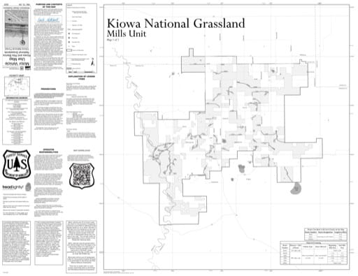 Motor Vehicle Use Map (MVUM) of the Mills Unit of Kiowa National Grassland (NG) in New Mexico. Published by the U.S. Forest Service (USFS).