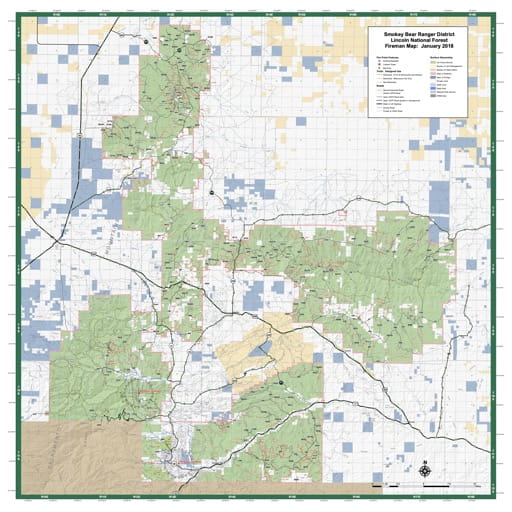 Fireman Map of Smokey Bear Ranger District (RD) in Lincoln National Forest (NF) in New Mexico. Published by the U.S. Forest Service (USFS).