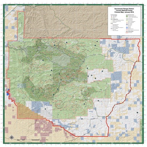 Fireman Map of Sacramento Ranger District (RD) in Lincoln National Forest (NF) in New Mexico. Published by the U.S. Forest Service (USFS).