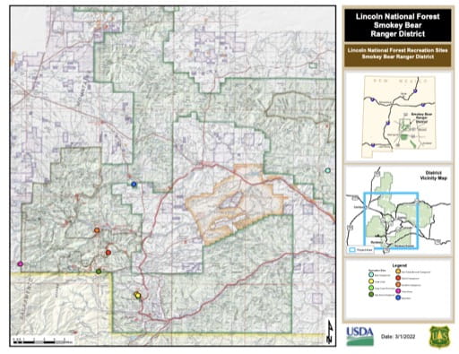 Recreation Map of Smokey Bear Ranger District (RD) in Lincoln National Forest (NF) in New Mexico. Published by the U.S. Forest Service (USFS).