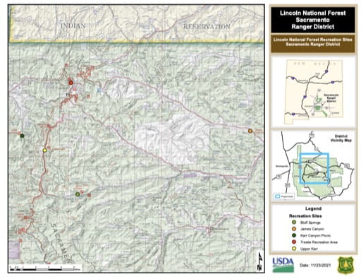 Recreation Map of Sacramento Ranger District (RD) in Lincoln National Forest (NF) in New Mexico. Published by the U.S. Forest Service (USFS).