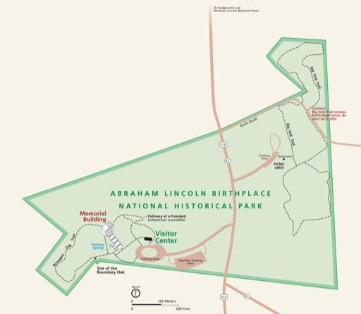 Official Visitor Map of Abraham Lincoln Birthplace National Historical Park (NHP) in Kentucky. Published by the National Park Service (NPS).