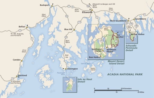 Official visitor map of Acadia National Park (NP) in Maine. Published by the National Park Service (NPS).